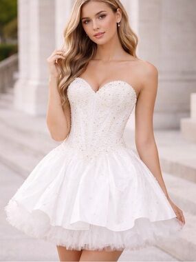 White Strapless Corset Mini Dress | Beaded A-Line Homecoming Prom Dress